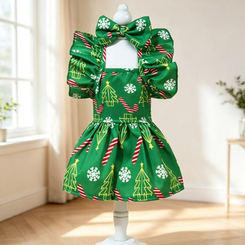 Christmas Pet Dress Ruffle Bow Dog Sundress Snowflake Print Puppy Princess Skirt Cute Cat Outfit Holiday Party Daily Pet Costume