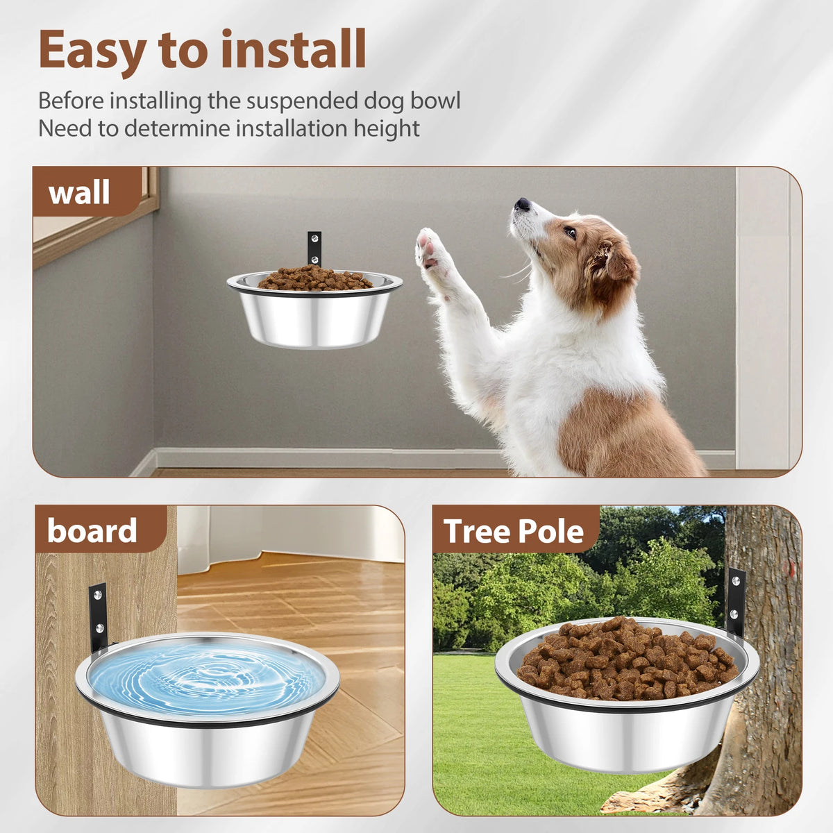 2 Pack Wall Mounted Dog Bowl Foldable Stainless Steel Raised Dog Food and Water Bowls Adjustable Height Wall Mounted Cat Food