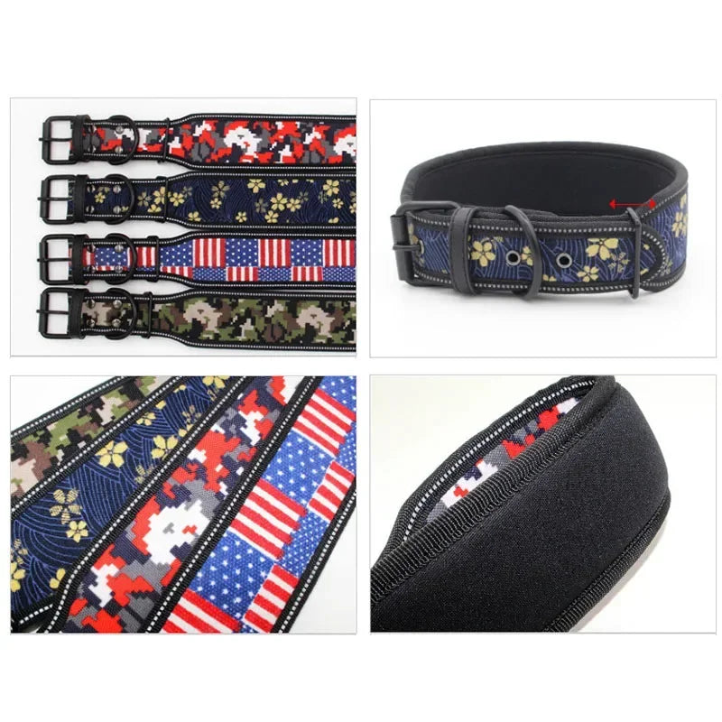 Comfortable Neoprene Padded Dog Collar Reflective Fashion Print Wide Pet Collars Adjustable Heavy Duty Nylon Dog Training Collar