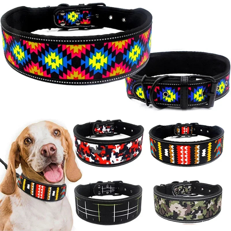 Comfortable Neoprene Padded Dog Collar Reflective Fashion Print Wide Pet Collars Adjustable Heavy Duty Nylon Dog Training Collar