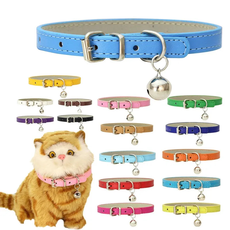 Cute Cat Collar Solid PU Leather Adjustable Pet Collars with Bells Cats Products for Puppy Kitten Outdoor Kitten Supplies