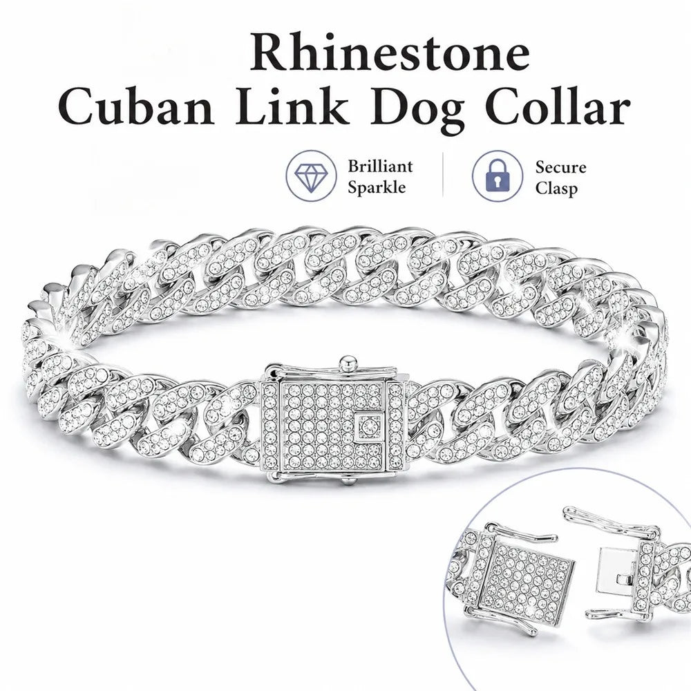 Shiny Rhinestone Cuban Chain Dog Pet Necklace Fashionable and Durable