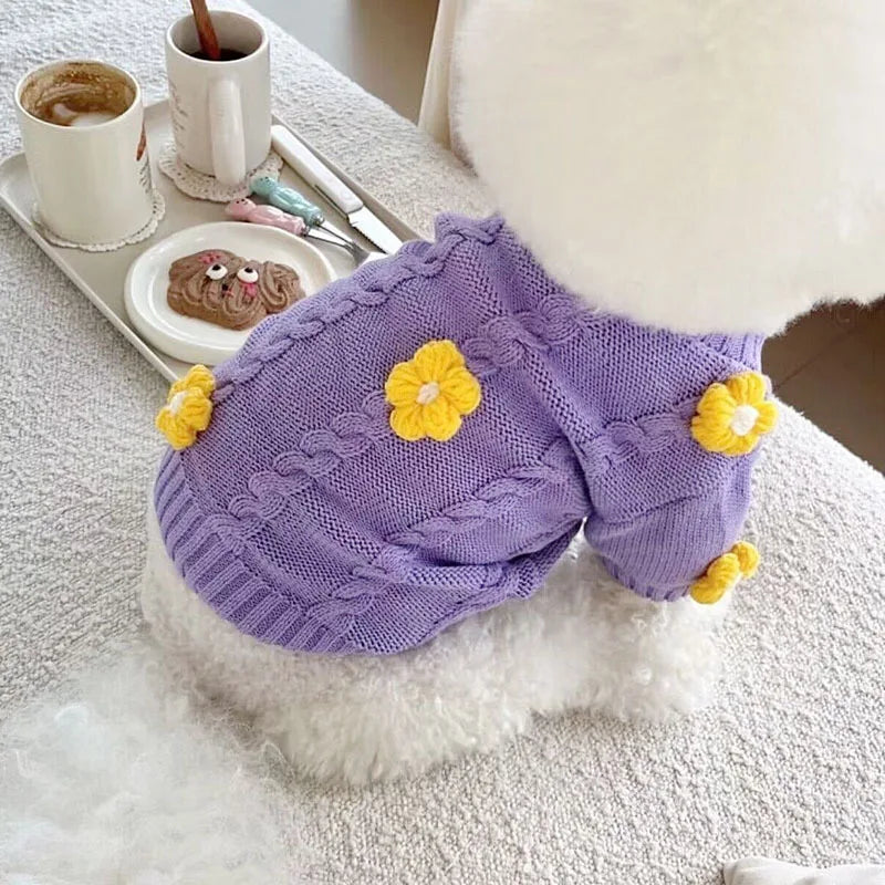 Dog Cute Purple with Yellow Flower Sweater Pullover Warm for Winter Clothes Wear Christmas Gift for Small Little Puppy