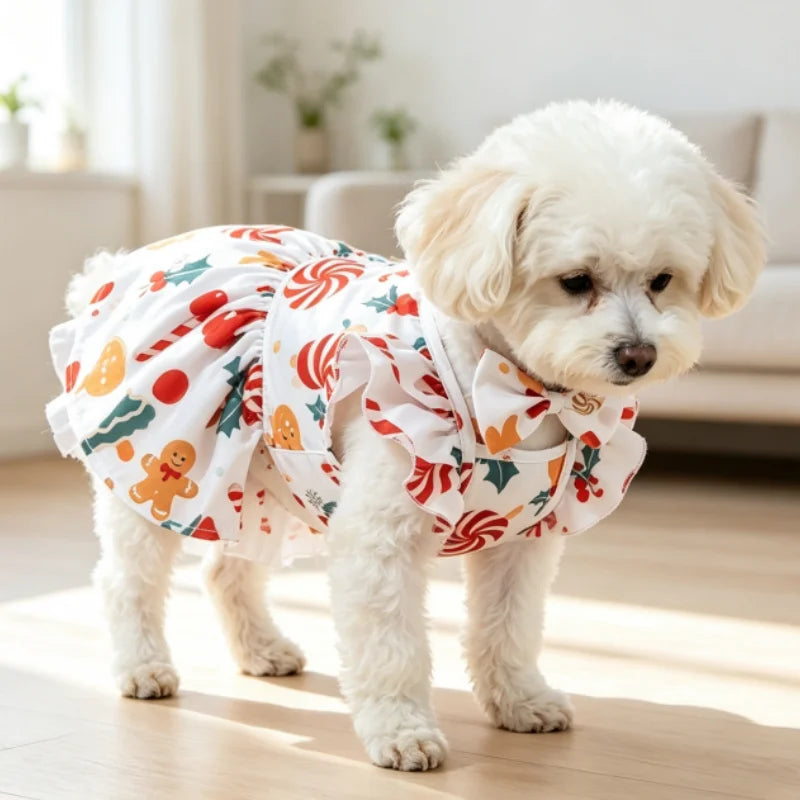 Christmas Pet Dress Ruffle Bow Dog Sundress Snowflake Print Puppy Princess Skirt Cute Cat Outfit Holiday Party Daily Pet Costume