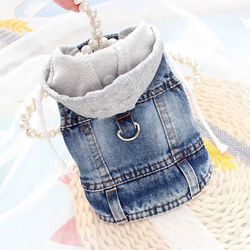 Small Dog Clothes Gray Knitted Hoodie Puppy Spring Clothing Blue/Black Jean Vest for Boys Pet Soft Denim Fabric Sleeveless Shirt