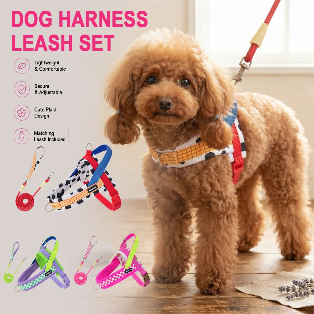 Small Dog Harness and Leash Set,Saddle Style Plaid Adjustable Puppy Vest for Dog Walking Outdoor