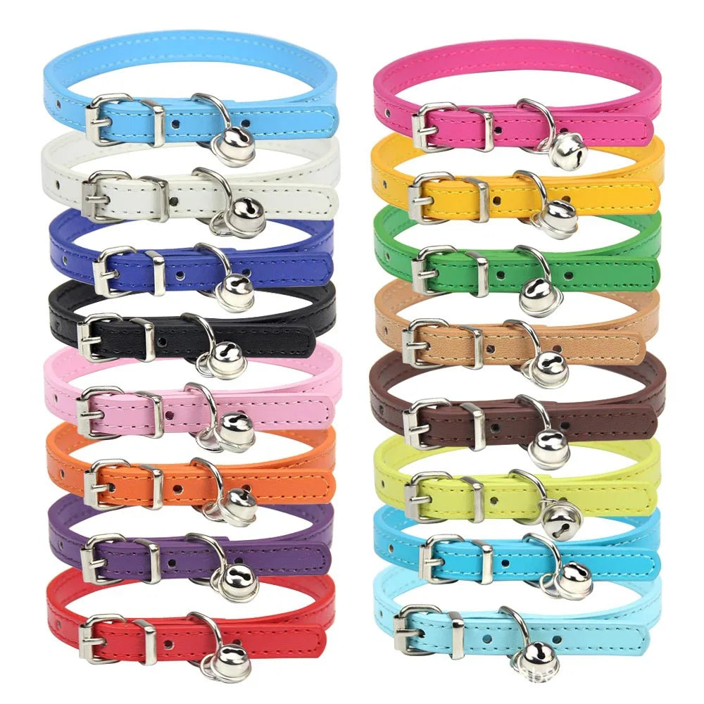 Cute Cat Collar Solid PU Leather Adjustable Pet Collars with Bells Cats Products for Puppy Kitten Outdoor Kitten Supplies