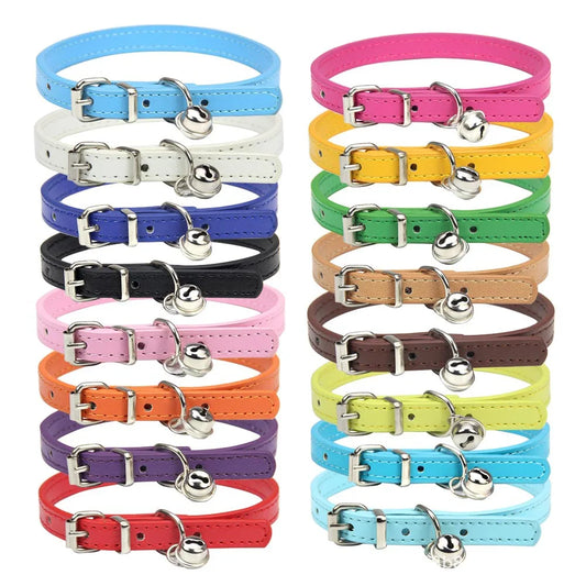 Cute Cat Collar Solid PU Leather Adjustable Pet Collars with Bells Cats Products for Puppy Kitten Outdoor Kitten Supplies