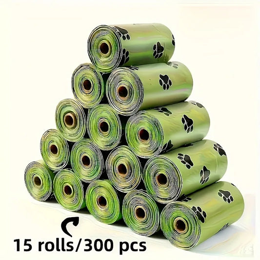 15 Rolls / 300 Pet Waste Bags – Thick, Leak-Proof Dog & Cat Poop Bags with Paw Print Design – Durable Plastic Bags for Pet Cleanup and Outdoor Use