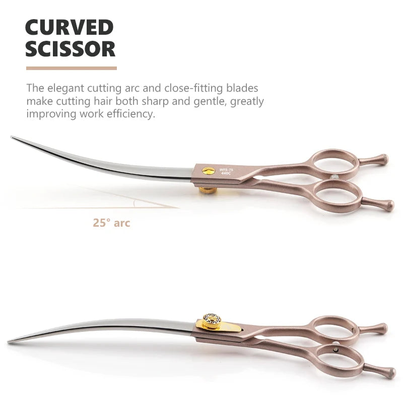 FIRELION 7.0/7.5 Inch 440C Steel Dog Curved Scissors Pet Grooming Scissors Set  Professional Cutting/Thinning/Chunker Shears