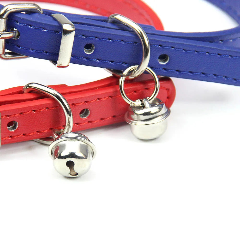 Cute Cat Collar Solid PU Leather Adjustable Pet Collars with Bells Cats Products for Puppy Kitten Outdoor Kitten Supplies