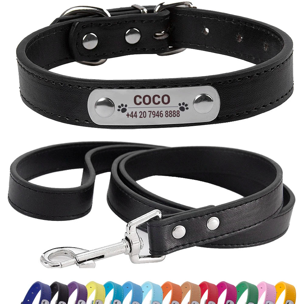 Custom Leather Dog Collar Leash Personalized Pet Collars and Leash Set Durable Leather Collar Lead for Small Medium Large Dogs