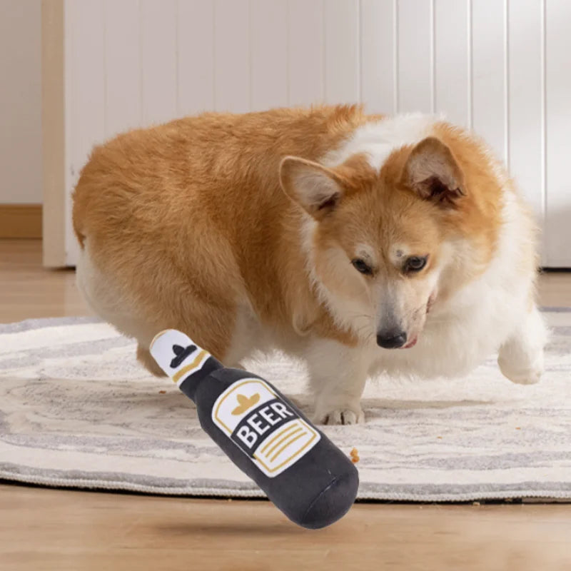 Hot Sale Beer Bottle Shaped Plush Dog Toy Bite Resistant Squeaky Interactive Pet Chew Toy Teeth Cleaning Molar Play