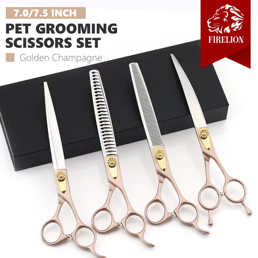FIRELION 7.0/7.5 Inch 440C Steel Dog Curved Scissors Pet Grooming Scissors Set  Professional Cutting/Thinning/Chunker Shears