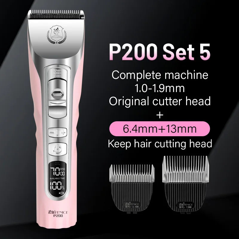 Fenice Sakura Pink Dog Hair Cutting Machine 5000mA Capacity Cordless LCD Screen Pet Dog Grooming Clipper Rechargeable Shaver Set