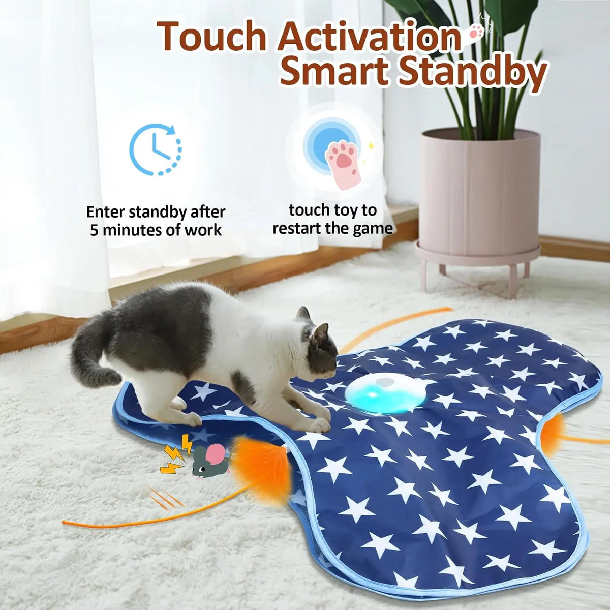 Interactive Cat Toys Rechargeable Moving Concealed Feathers Real Mouse Squeaky Touch Activated Cat Kitten Toy Cat Exercise Toys