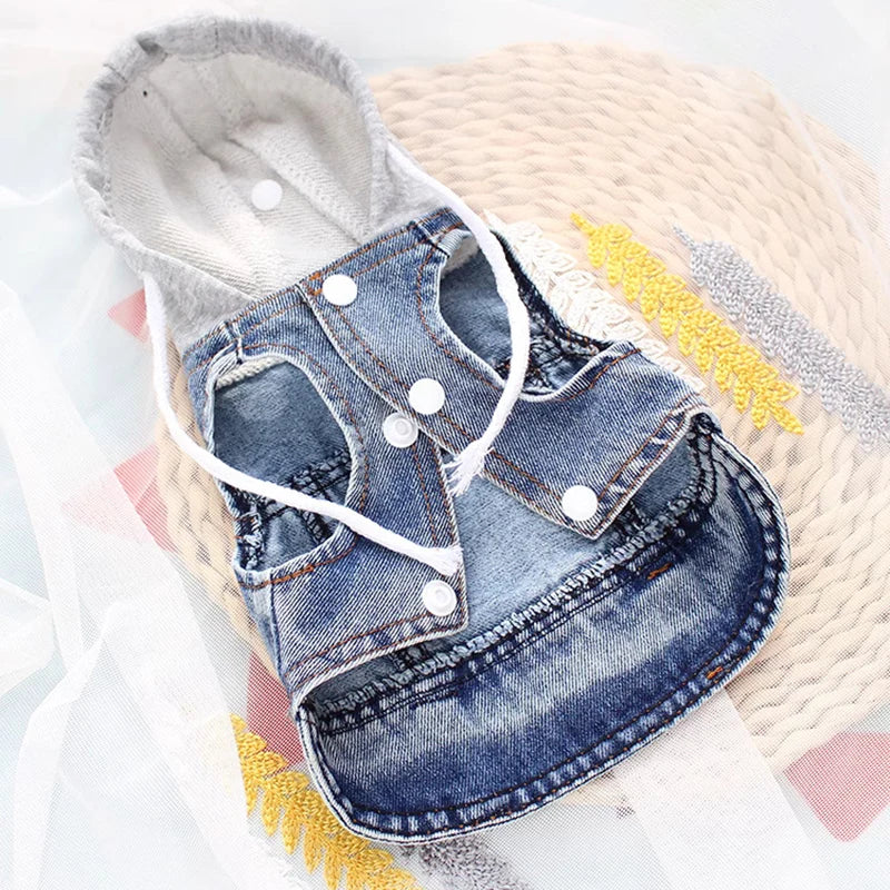 Small Dog Clothes Gray Knitted Hoodie Puppy Spring Clothing Blue/Black Jean Vest for Boys Pet Soft Denim Fabric Sleeveless Shirt