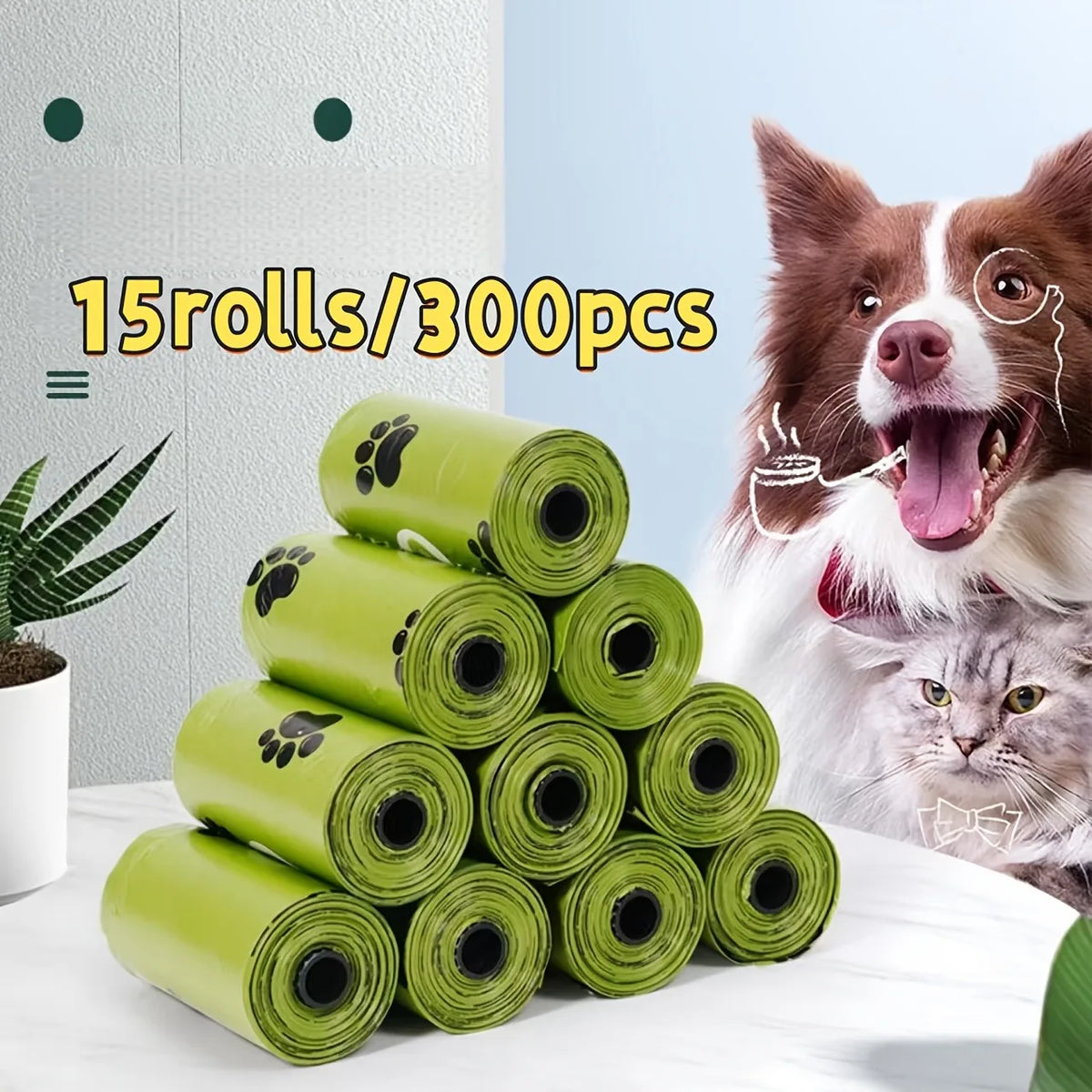 15 Rolls / 300 Pet Waste Bags – Thick, Leak-Proof Dog & Cat Poop Bags with Paw Print Design – Durable Plastic Bags for Pet Cleanup and Outdoor Use