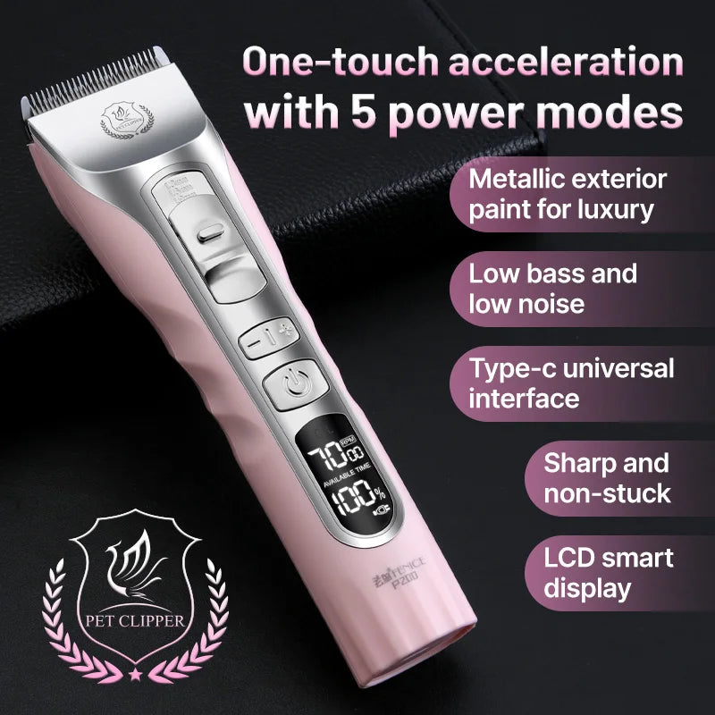Fenice Sakura Pink Dog Hair Cutting Machine 5000mA Capacity Cordless LCD Screen Pet Dog Grooming Clipper Rechargeable Shaver Set