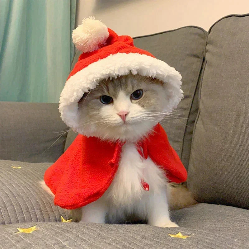 Cat Costume Santa Cosplay Funny Transformed Cat/Dog Pet Christmas Cape Dress Up Clothes Red Scarf Cloak Props Decor