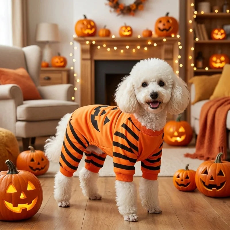 Halloween Lantern Dog Four Leg Jumpsuit Orange Pumpkin Face Puppy Bodysuit Onesie Fall Pajama Outfit For Small Medium Dogs Cats