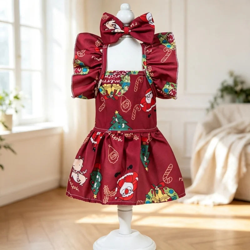 Christmas Pet Dress Ruffle Bow Dog Sundress Snowflake Print Puppy Princess Skirt Cute Cat Outfit Holiday Party Daily Pet Costume