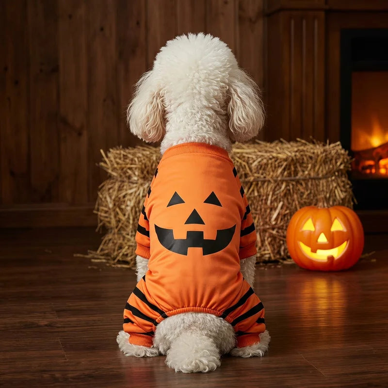 Halloween Lantern Dog Four Leg Jumpsuit Orange Pumpkin Face Puppy Bodysuit Onesie Fall Pajama Outfit For Small Medium Dogs Cats