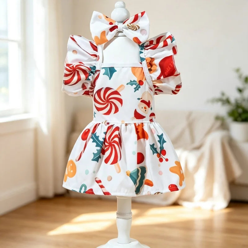 Christmas Pet Dress Ruffle Bow Dog Sundress Snowflake Print Puppy Princess Skirt Cute Cat Outfit Holiday Party Daily Pet Costume