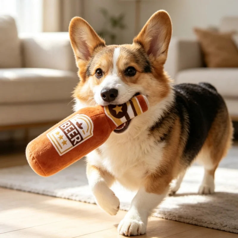 Hot Sale Beer Bottle Shaped Plush Dog Toy Bite Resistant Squeaky Interactive Pet Chew Toy Teeth Cleaning Molar Play