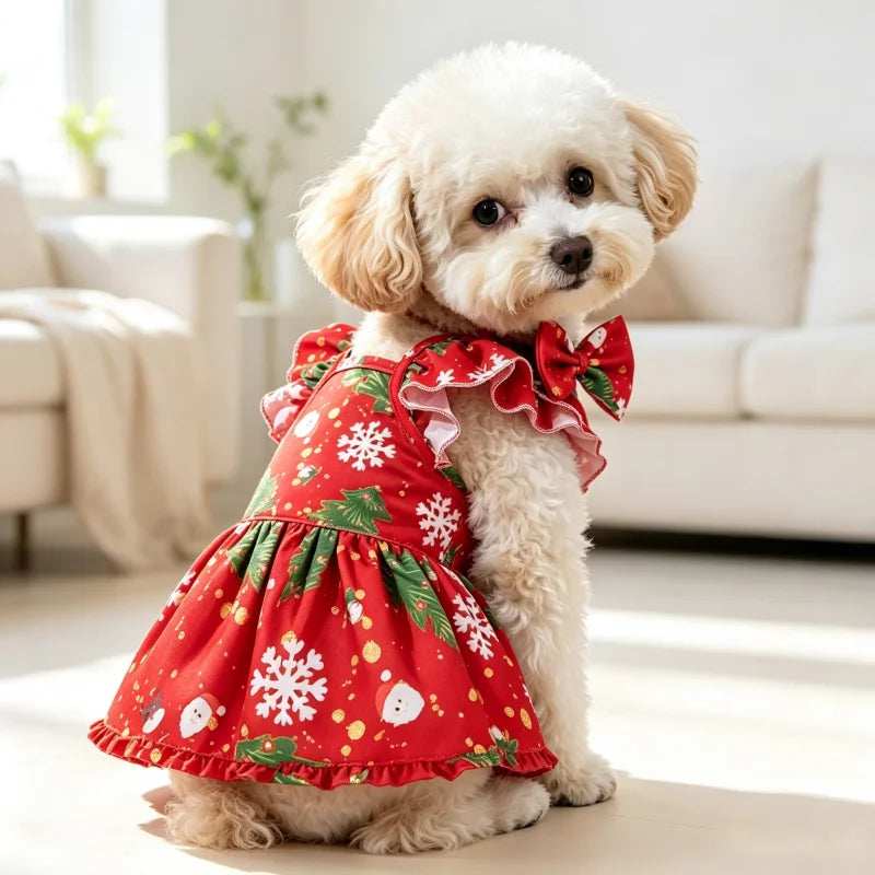 Christmas Pet Dress Ruffle Bow Dog Sundress Snowflake Print Puppy Princess Skirt Cute Cat Outfit Holiday Party Daily Pet Costume
