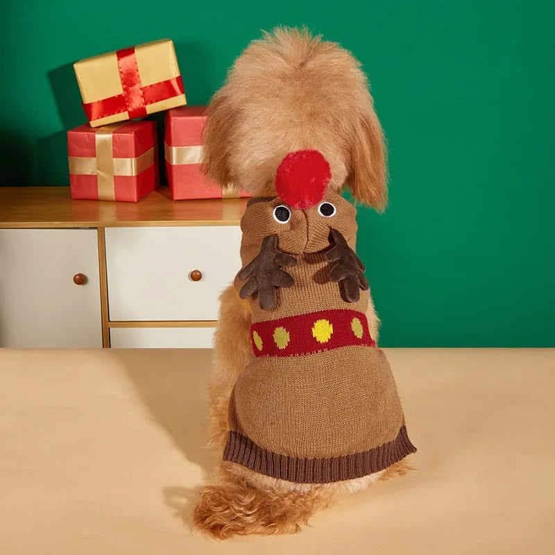 Christmas Pet Sweater for Dogs Cats Gingerbread Man Snowflake Knitted Xmas Jumper, Antler Hoodie with Belt, Warm Festive Costume