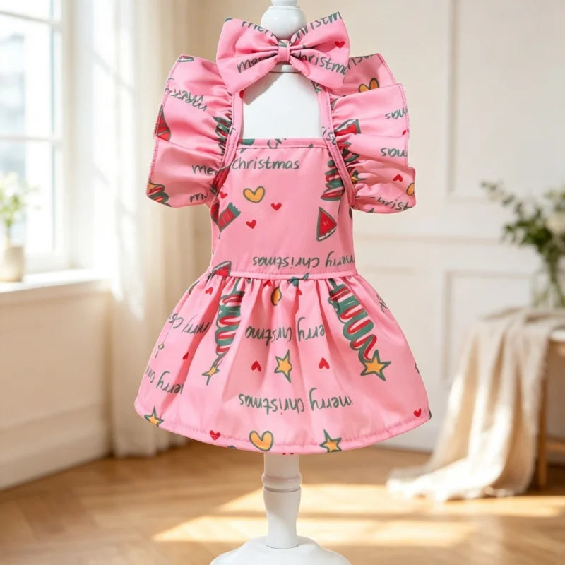 Christmas Pet Dress Ruffle Bow Dog Sundress Snowflake Print Puppy Princess Skirt Cute Cat Outfit Holiday Party Daily Pet Costume