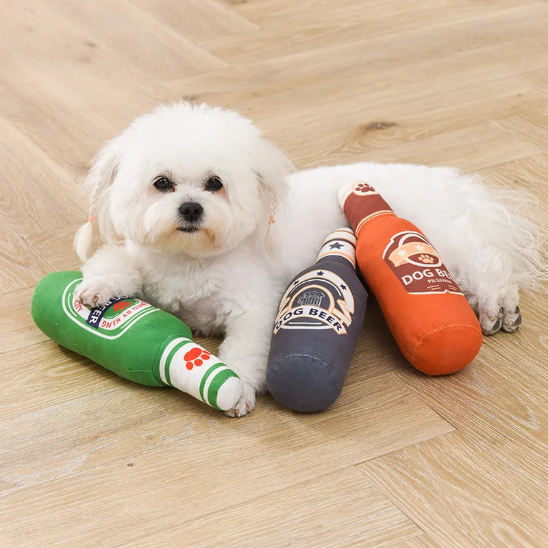 Hot Sale Beer Bottle Shaped Plush Dog Toy Bite Resistant Squeaky Interactive Pet Chew Toy Teeth Cleaning Molar Play