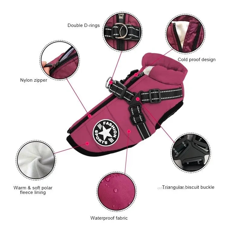 Large Pet Dog Jacket With Harness Winter Warm Dog Clothes For Labrador Waterproof Big Dog Coat Chihuahua French Bulldog Outfits