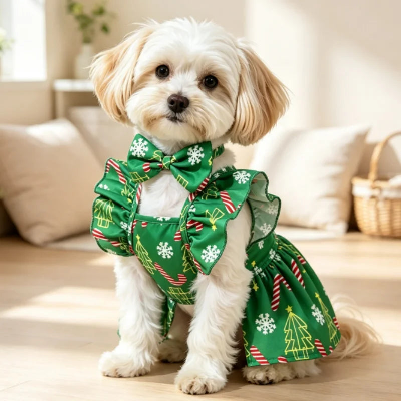 Christmas Pet Dress Ruffle Bow Dog Sundress Snowflake Print Puppy Princess Skirt Cute Cat Outfit Holiday Party Daily Pet Costume