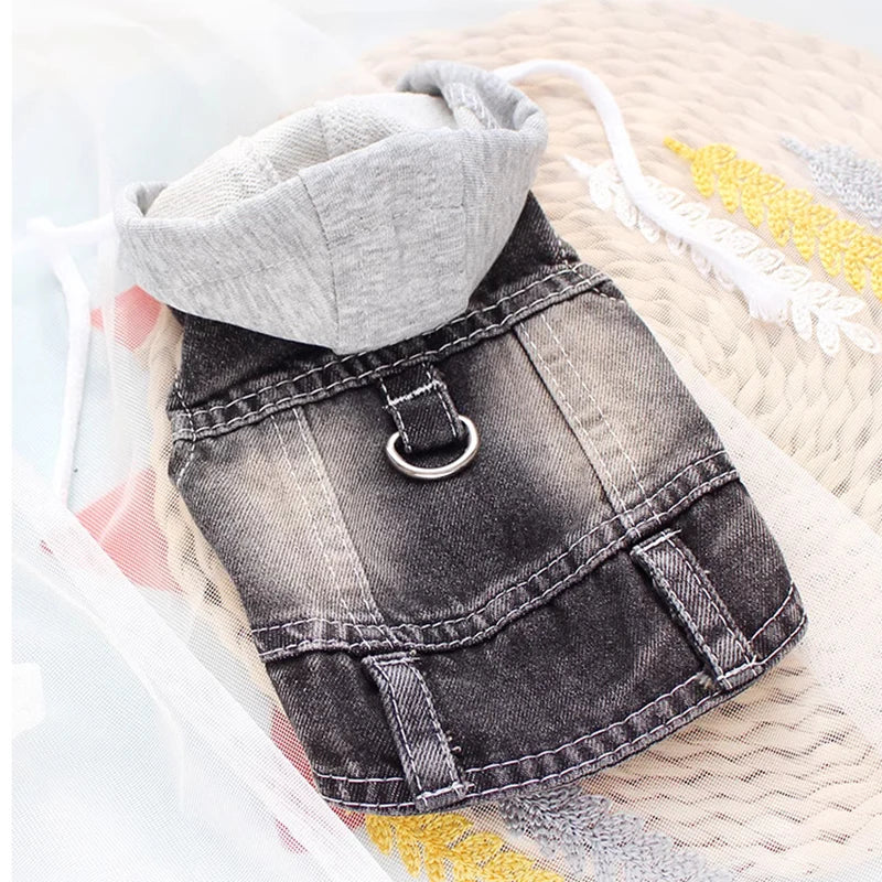 Small Dog Clothes Gray Knitted Hoodie Puppy Spring Clothing Blue/Black Jean Vest for Boys Pet Soft Denim Fabric Sleeveless Shirt