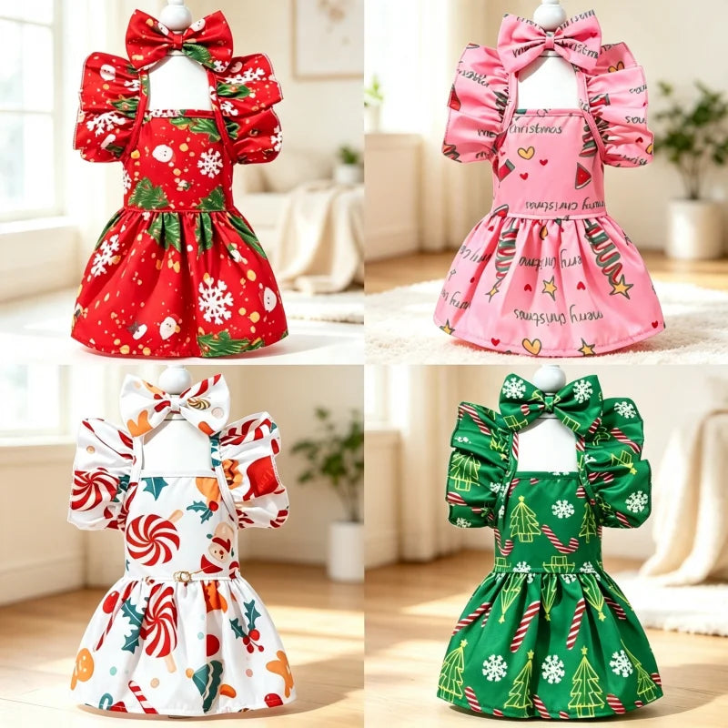 Christmas Pet Dress Ruffle Bow Dog Sundress Snowflake Print Puppy Princess Skirt Cute Cat Outfit Holiday Party Daily Pet Costume