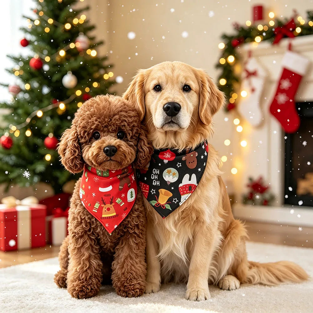 2 PCS Christmas Pet Bandana Set, Dog Holiday Scarf, Xmas Triangle Bib, Cute Puppy Costume Accessories for Teddy Golden Retriever