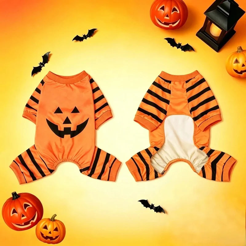 Halloween Lantern Dog Four Leg Jumpsuit Orange Pumpkin Face Puppy Bodysuit Onesie Fall Pajama Outfit For Small Medium Dogs Cats