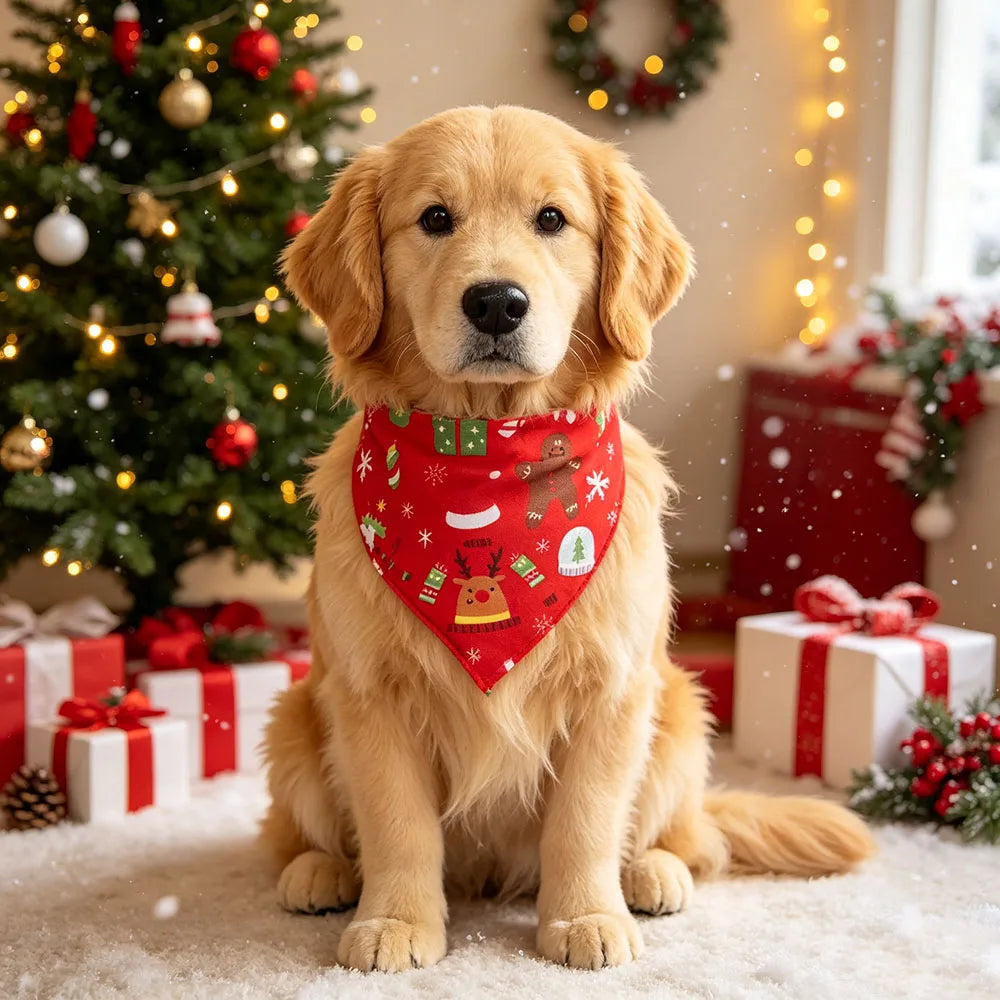 2 PCS Christmas Pet Bandana Set, Dog Holiday Scarf, Xmas Triangle Bib, Cute Puppy Costume Accessories for Teddy Golden Retriever