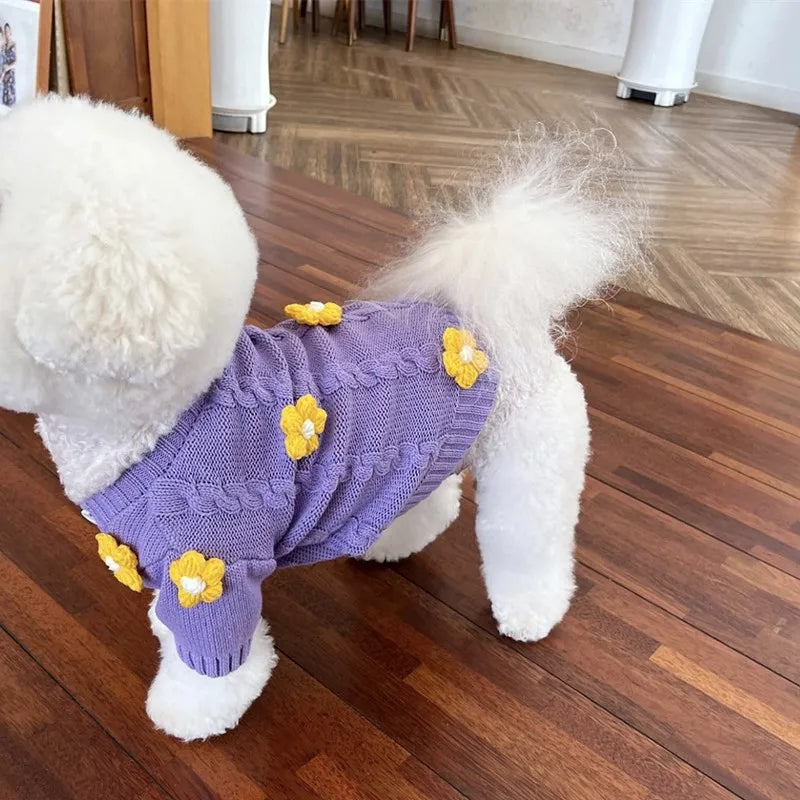 Dog Cute Purple with Yellow Flower Sweater Pullover Warm for Winter Clothes Wear Christmas Gift for Small Little Puppy