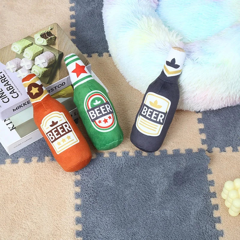 Hot Sale Beer Bottle Shaped Plush Dog Toy Bite Resistant Squeaky Interactive Pet Chew Toy Teeth Cleaning Molar Play