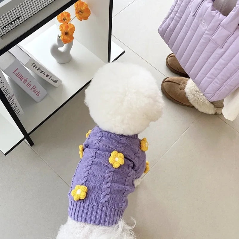 Dog Cute Purple with Yellow Flower Sweater Pullover Warm for Winter Clothes Wear Christmas Gift for Small Little Puppy