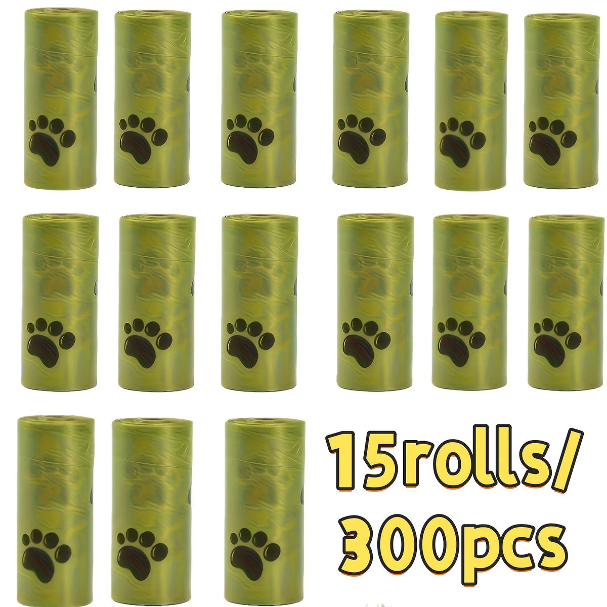 15 Rolls / 300 Pet Waste Bags – Thick, Leak-Proof Dog & Cat Poop Bags with Paw Print Design – Durable Plastic Bags for Pet Cleanup and Outdoor Use