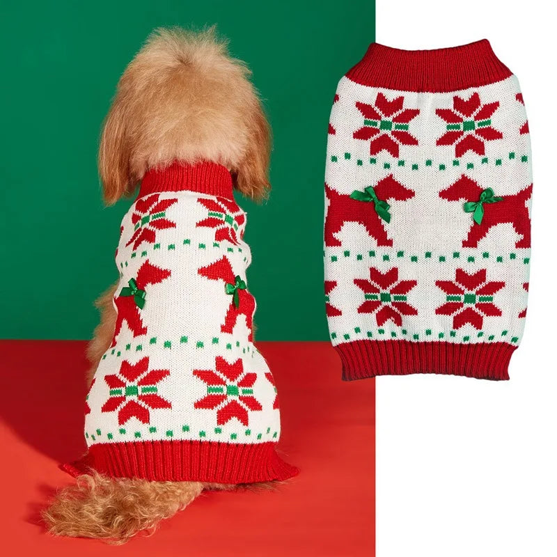 Christmas Pet Sweater for Dogs Cats Gingerbread Man Snowflake Knitted Xmas Jumper, Antler Hoodie with Belt, Warm Festive Costume
