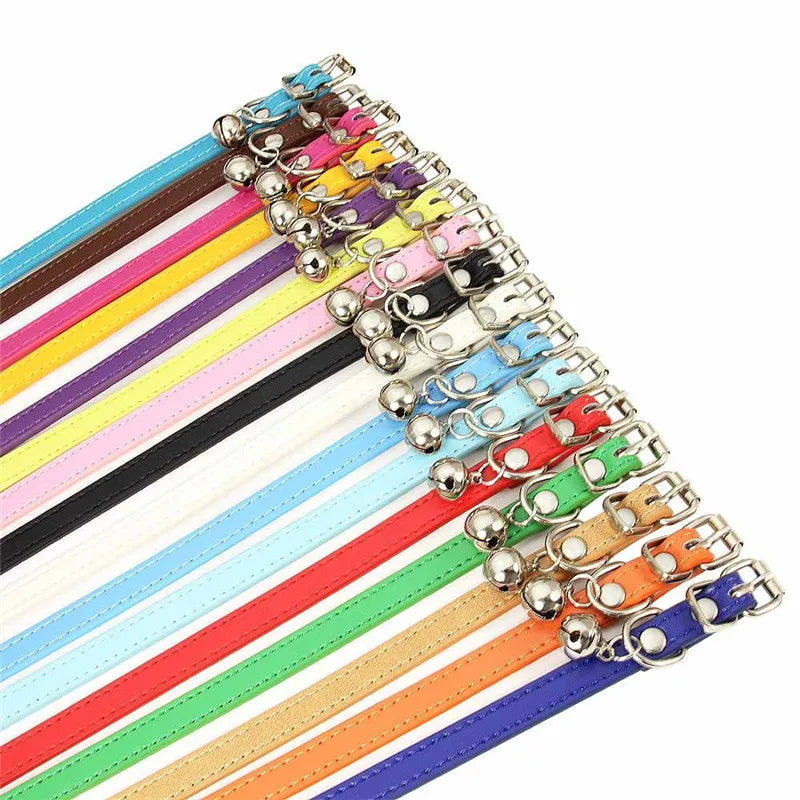 Cute Cat Collar Solid PU Leather Adjustable Pet Collars with Bells Cats Products for Puppy Kitten Outdoor Kitten Supplies