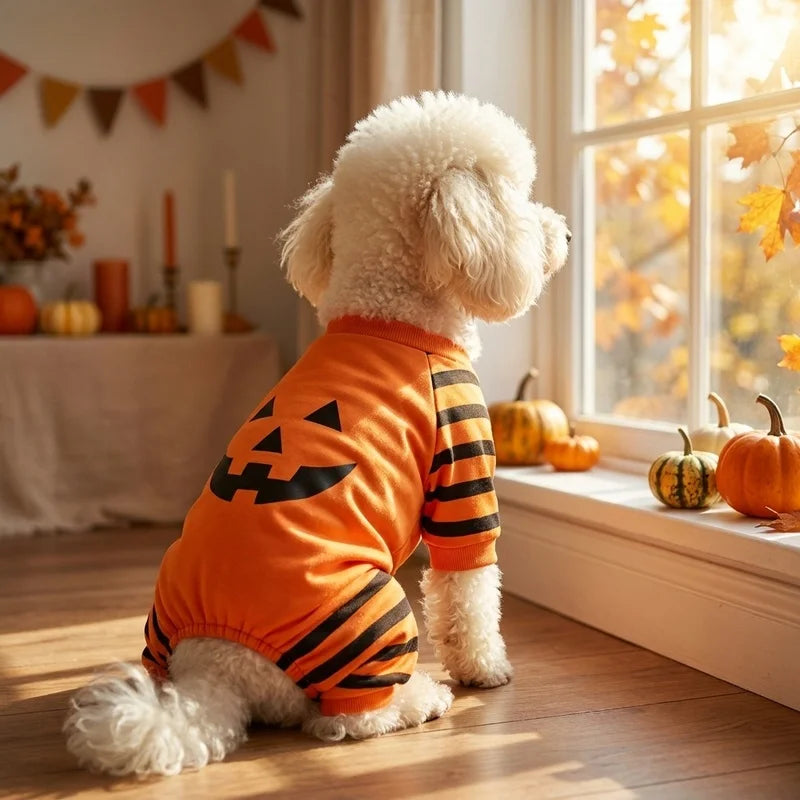 Halloween Lantern Dog Four Leg Jumpsuit Orange Pumpkin Face Puppy Bodysuit Onesie Fall Pajama Outfit For Small Medium Dogs Cats