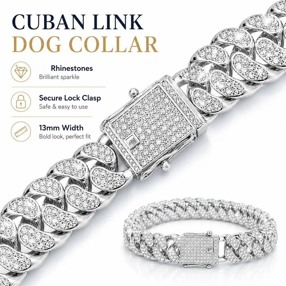 Shiny Rhinestone Cuban Chain Dog Pet Necklace Fashionable and Durable