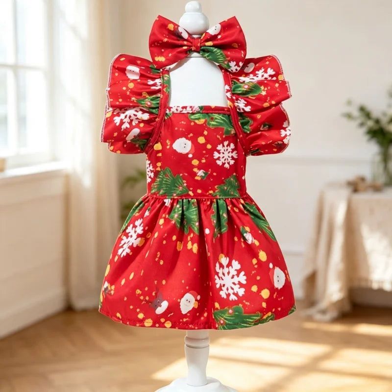 Christmas Pet Dress Ruffle Bow Dog Sundress Snowflake Print Puppy Princess Skirt Cute Cat Outfit Holiday Party Daily Pet Costume