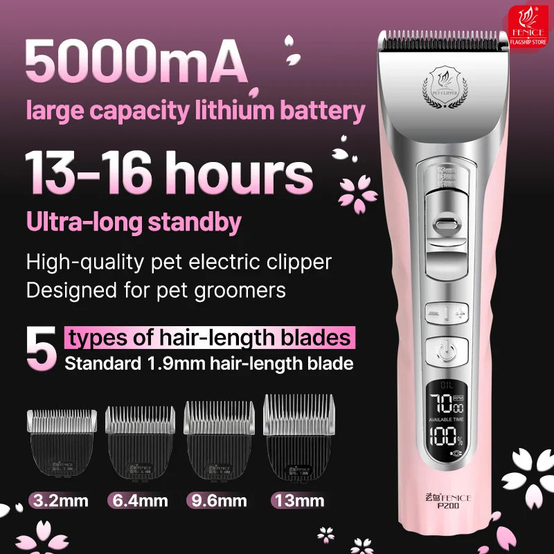 Fenice Sakura Pink Dog Hair Cutting Machine 5000mA Capacity Cordless LCD Screen Pet Dog Grooming Clipper Rechargeable Shaver Set